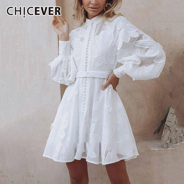 CHICEVER White Elegant Patchwork Embroidery Dress For Women