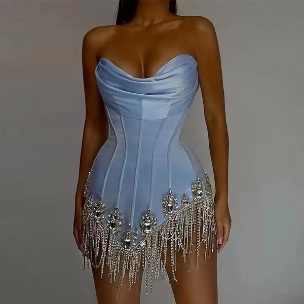 Top Quality Women Sexy Strapless Bodycon Mini Dress Diamond Chain